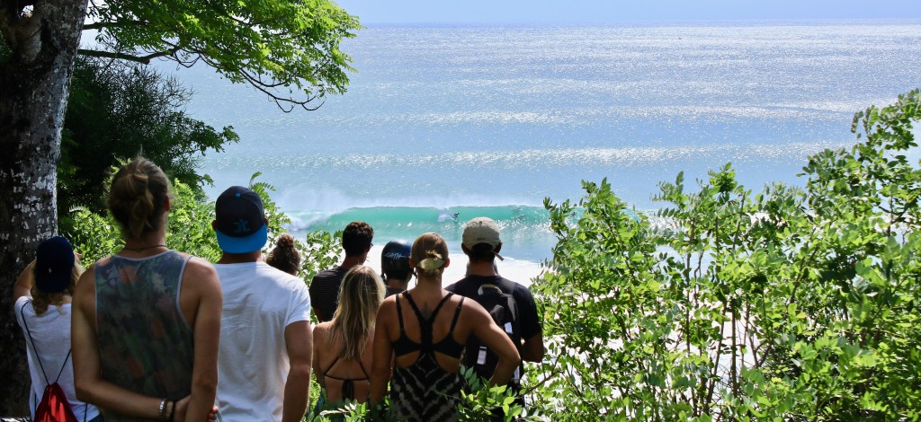 The crew on the latest TTR Indo trip watch the peeling waves of Padang Padang from the cliff tops